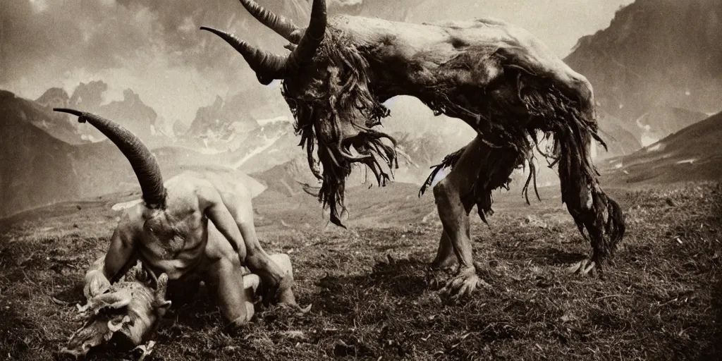 Prompt: historical sharp 4 k photograph of a man turning into a grotesque monster with goathorns and roots growing from his face in a pasture in the alps