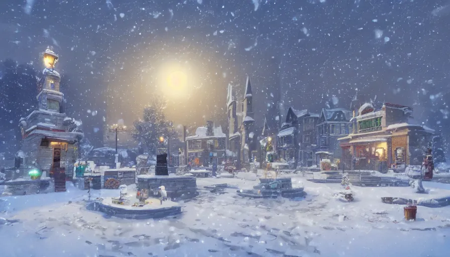 Prompt: small midwest town with square and statue under snow during winter, snowing, christmas lights, snow dunes, hyperdetailed, artstation, cgsociety, 8 k