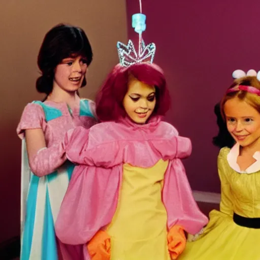 Image similar to still from 1977 live-action children's tv show about a Disney princess who enters an intestine cult color