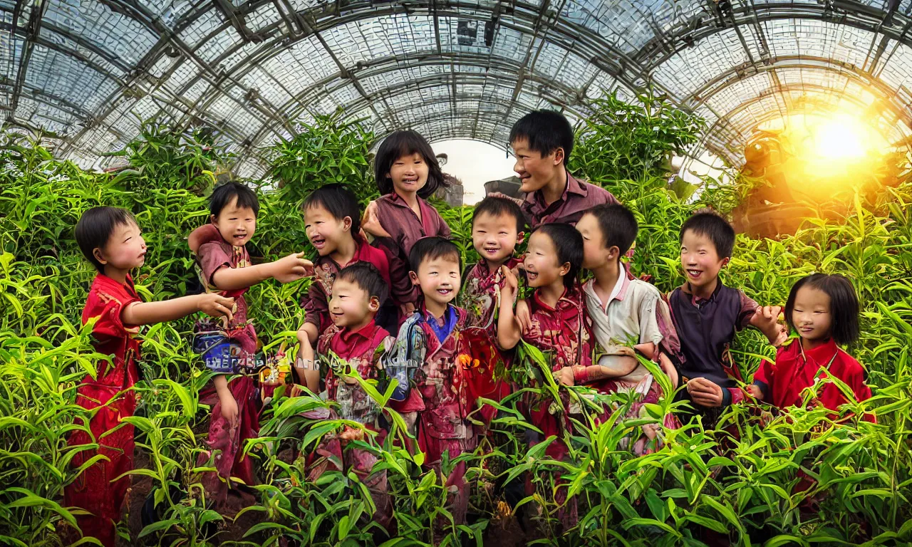 Prompt: very very beautiful portrait a chinese child, an african child, an indian child, and a caucasian child playing in harmony with nature, surrounded by biomechanical farming machinery, detailed realistic smiling faces, surrounded by advanced elegant factory machinery, galaxy and stars visible through the hexagonal glass roof, biomechanical, symmetrical, sunrise, golden ratio, elegant, visionary, streamlined, elite, lush, atmospheric, volumetric lighting, haunting, wide angle, cinematic, trending on artstation, unreal engine, 8k, vivid and vibrant