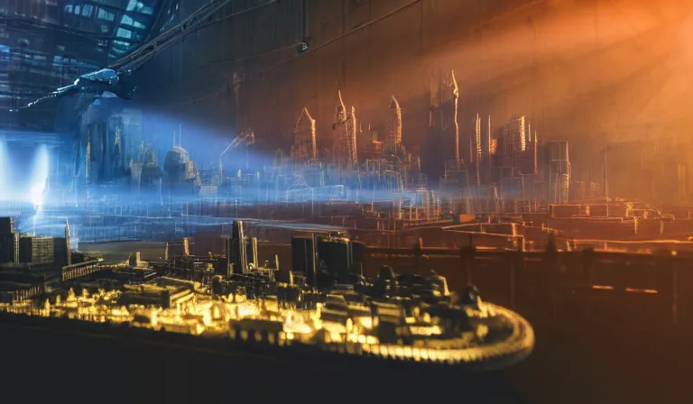 Image similar to crowd of people in walled warehouse, looking at hologram of futuristic city on a table, cinematic concept art, godrays, golden hour, natural sunlight, 4 k, clear details, tabletop model buildings, center model buildings, hologram center, crane shot, crane shot, crane shot