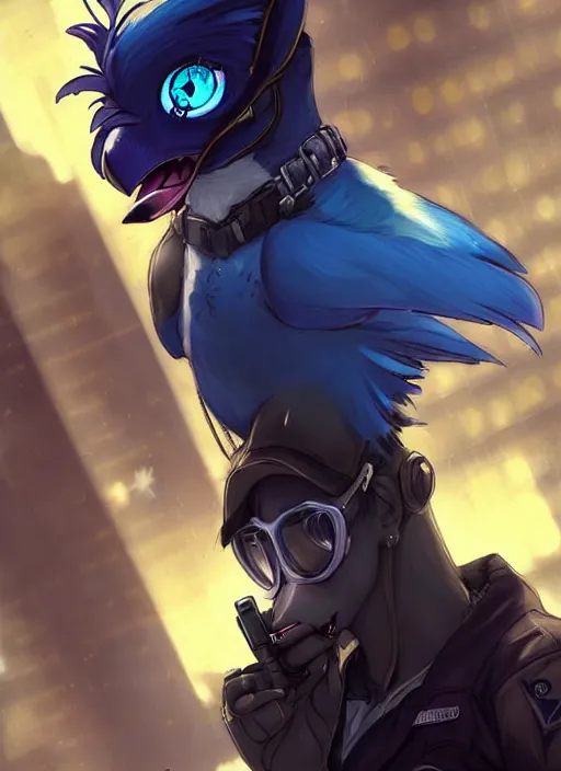 Image similar to A beautiful portrait commission of a female furry anthropomorphic avian blue bird fursona wearing a security guard uniform with a bullet proof vest. Cyberpunk city at night. Atmospheric. Character design by charlie bowater, ross tran, artgerm, and makoto shinkai, detailed, inked, western comic book art. 🐦