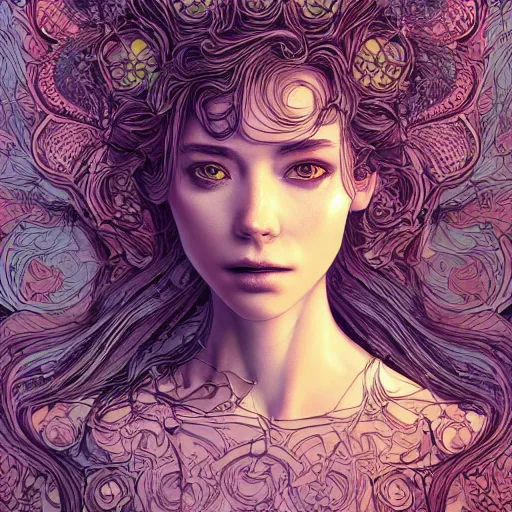 Image similar to the portrait of an incredibly beautiful woman made of potatoes roots and violets, an ultrafine detailed illustration by james jean, final fantasy, intricate linework, bright colors, behance contest winner, vanitas, angular, altermodern, unreal engine 5 highly rendered, global illumination, radiant light, detailed and intricate environment