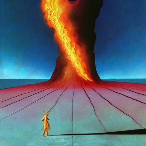 Image similar to a man on fire and a girl on ice, pink floyd album cover, 1 9 7 0's, by storm elvin thorgerson, moebius, craig mullins, beksinski, bruegel, greg rutkowski, alphonse mucha, and yoshitaka amano, colorful flat surreal design, hd, 8 k, artstation