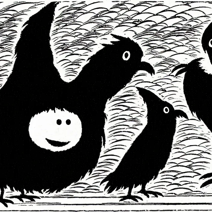 Image similar to a still frame from comic strip, black fluffy hairy bird 1 9 5 0, hasui kawase, new yorker illustration, monochrome bw, lineart, manga, tadanori yokoo, simplified,