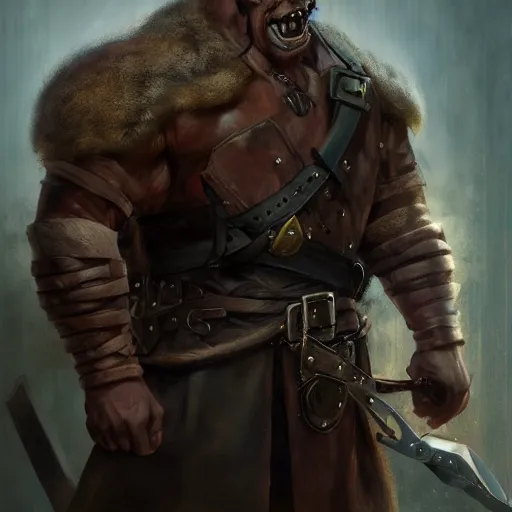 Prompt: portrait of a muscular, bald orc mechanic, wearing a heavy brown leather coat, wielding a wrench, DnD character, fantasy character, dramatic lighting, high detail, digital art by Ruan Jia