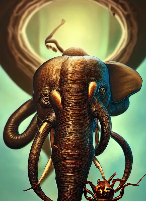 Image similar to a painting of an ant with the trunk of an elephant, concept character art, art nouveau, beautifully backlit, highly intricate, detailed painting, aesthetic octane render, 8 k hd resolution