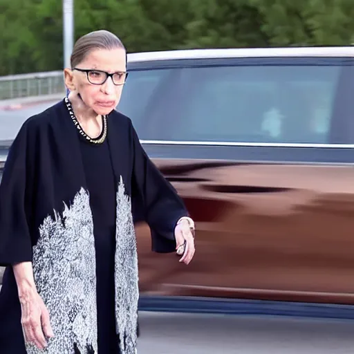 Image similar to ruth bader ginsburg standing in the middle of a highway, dashcam footage, accident