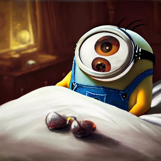 Prompt: an epic painting minion, sick with a cold, high temperature in bed, oil on canvas, perfect composition, golden ratio, beautiful detailed, photorealistic, digital painting, concept art, smooth, sharp focus, illustration, artstation trending, octane render, unreal engine