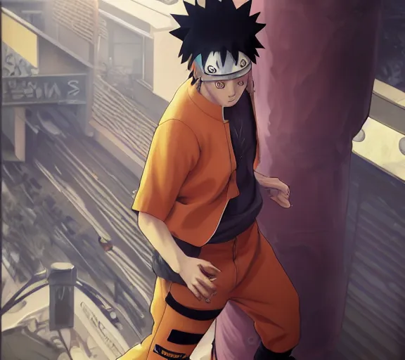 Prompt: Naruto Uzumaki running in Las Vegas strip, sigma male, accurately portrayed, portrait art by alphonse mucha and greg rutkowski, highly detailed, digital painting, concept art, illustration, dim lighting with twilight rays of sunlight, trending on artstation, very detailed, smooth, sharp focus, octane render, close up