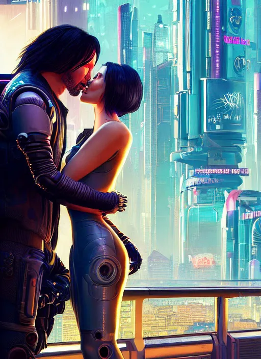 Image similar to a cyberpunk 2077 couple portrait of Keanu Reeves & female android final kiss in the night city,love,by Laurie Greasley,Lawrence Alma-Tadema,Dan Mumford,artstation,deviantart,FAN ART,Digital painting,face enhance,highly detailed,8K,octane,golden ratio,cinematic lighting