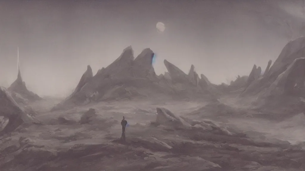 Image similar to eerie atmospheric alien planet by paul lehr and jack gaughan and john schoenherr, epic cinematic matte painting