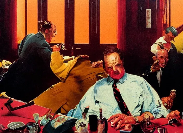 Prompt: a still from the film godfather by francis bacon, surreal, norman rockwell and james jean, greg hildebrandt, and mark brooks, triadic color scheme, by greg rutkowski, syd mead and edward hopper and norman rockwell and beksinski, dark surrealism, orange and turquoise and purple and pink