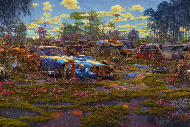 Prompt: oil painting, super - detailed scene akira, twilight junkyard, louisiana swamps, indigo blooming flowers garden, japanese sci - fi books art, artwork by jean giraud, hd, 4 k, high quality