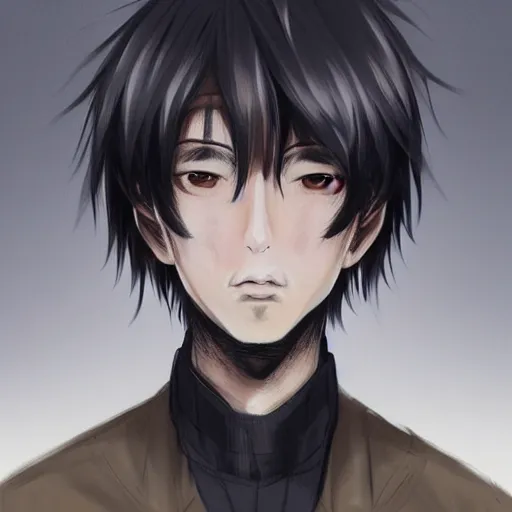 Prompt: Anime portrait of a man by Mahiro Maeda, he is about 30 years old, short black hair with bangs, his features are a mix between French, Turkish and Russian and he is wearing a beige and black utility jumpsuit, highly detailed portrait, digital painting, artstation, concept art, smooth, sharp foccus ilustration, Artstation HQ