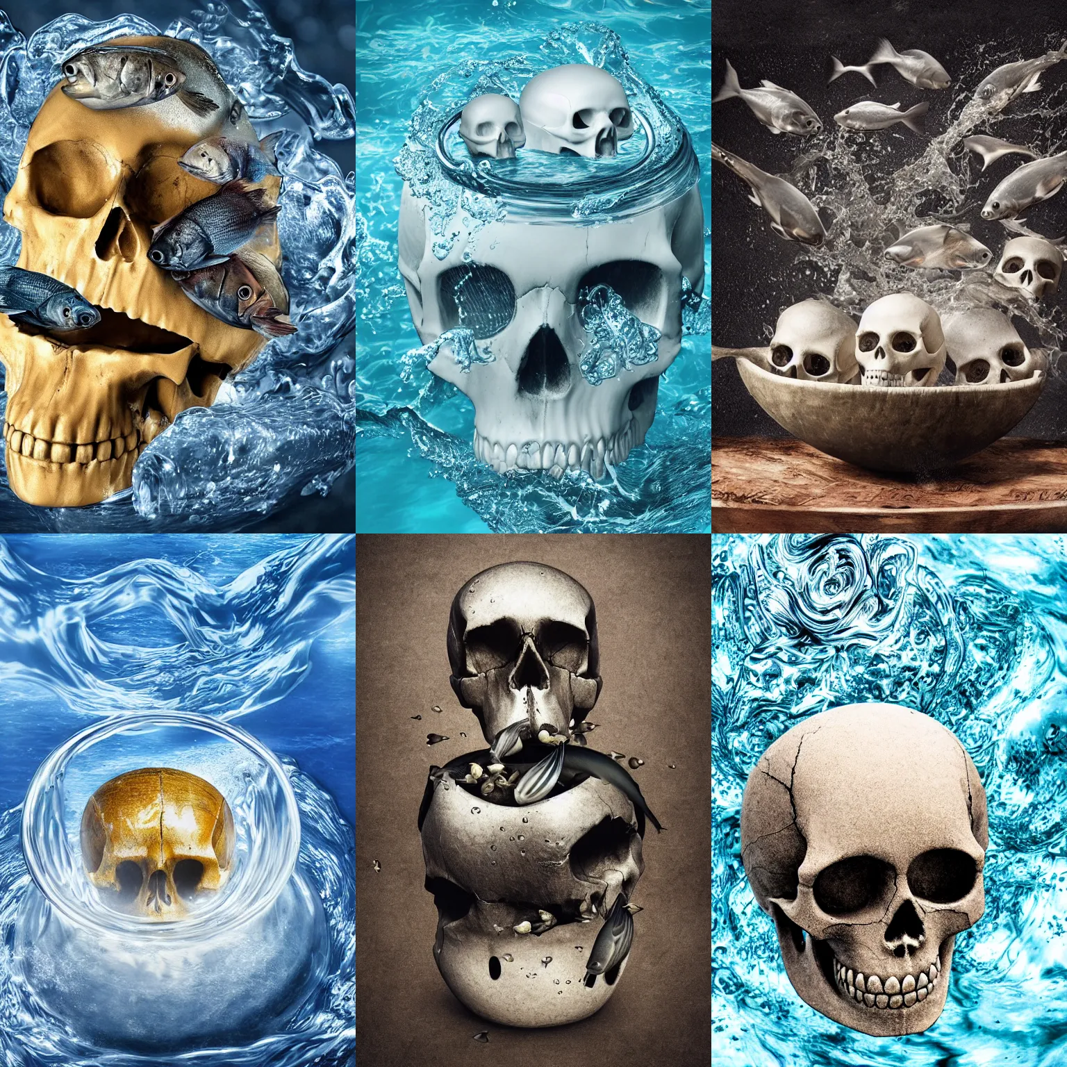 Prompt: realistic photo of a bowl in the shape of a skull filled with water with fish swimming in it, highly detailed,