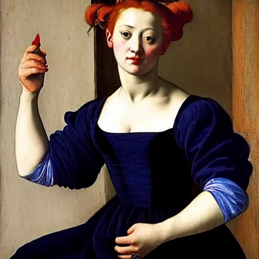 Image similar to fully clothed beautiful girl, she is wearing a blue dress, she has red hair, artemisia gentileschi