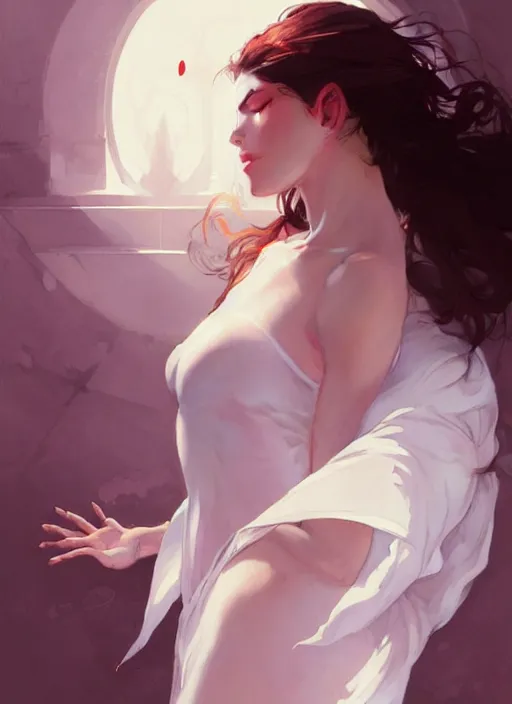 Prompt: beautiful woman in white, lying on a stage with eyes closed covered in blood, digital painting, artstation, concept art, smooth, sharp focus, illustration, art by artgerm and greg rutkowski and alphonse mucha