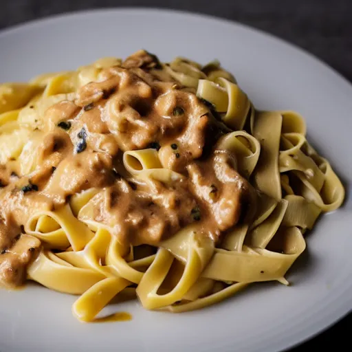 Prompt: a fettuccine pasta with banana sauce, food photography