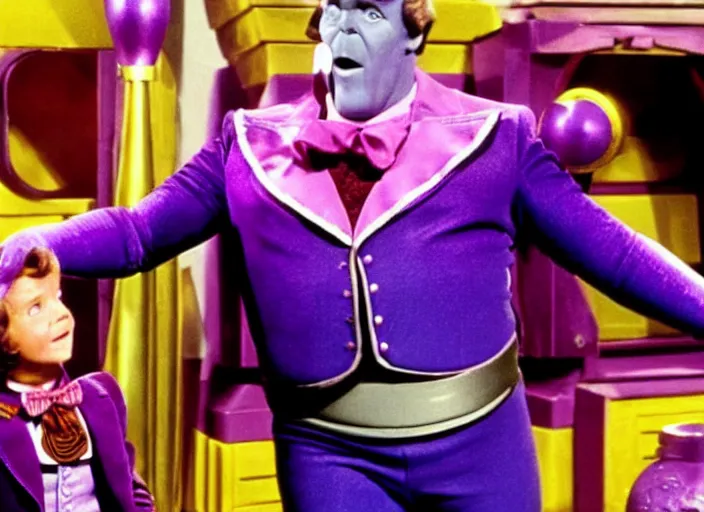 Image similar to film still of thanos as willy wonka in willy wonka and the chocolate factory 1 9 7 1