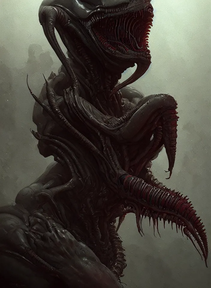 Prompt: a body portrait of a creature invoking fear, art by greg rutkowski, hostile alien xenomorph, scifi horror setting, dark lighting, matte painting, trending on artstation, very detailed