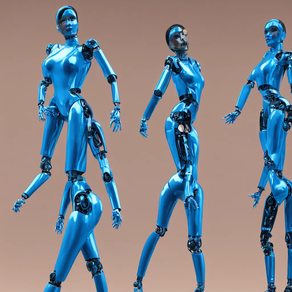 Image similar to a beautiful female robot human hybrid wearing a blue latex jumpsuit, circuitry glowing through the suit like tron, face, torso, legs, feet, epic angle, octane render, photo realistic, hyper realistic, 8 k resolution in the style of alvin schwartz