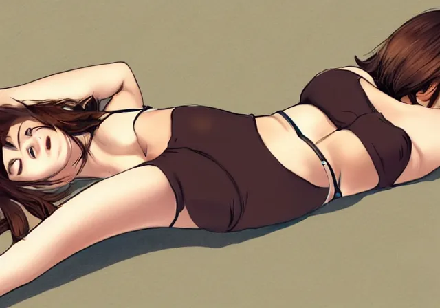 Image similar to A girl with short brown hair, wearing a swimsuit, laying on the beach drawn by WLOP, by Avetetsuya Studios, attractive character, colored sketch anime manga panel, trending on Artstation