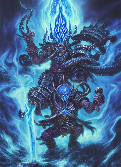 Image similar to wide shot of a wizard of tzeentch, evil warp energy, warp lightning, blue runes, intricate, warhammer, warhammer 4 0 k, highly detailed, digital painting, concept art, sharp focus, illustration, psychedelic, grim dark, moody, gloomy, art by john blanche, by pedro nunez, by jaime martinez, by nacho molina