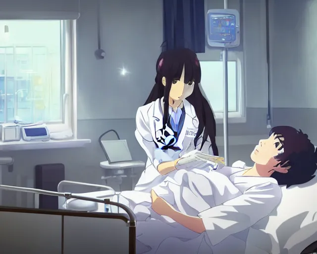 Image similar to a cute and beautiful young female doctor wearing white coat are taking care of a patient on a bed in a hospital ward, slice of life anime, anime scenery by Makoto shinkai