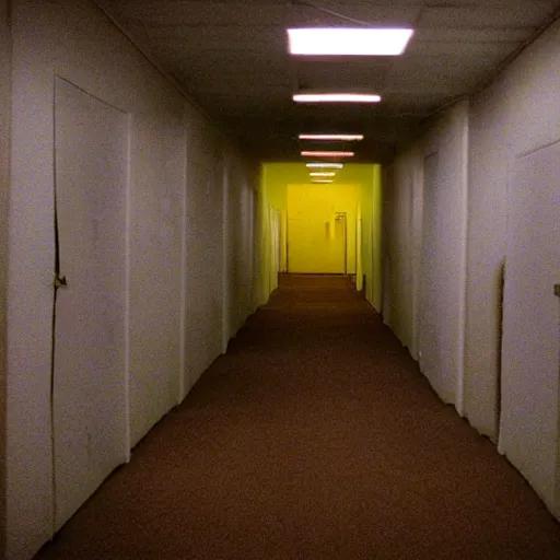 Image similar to Backrooms, old moist carpet, mono-yellow, fluorescent lights, randomly segmented rooms, creepy