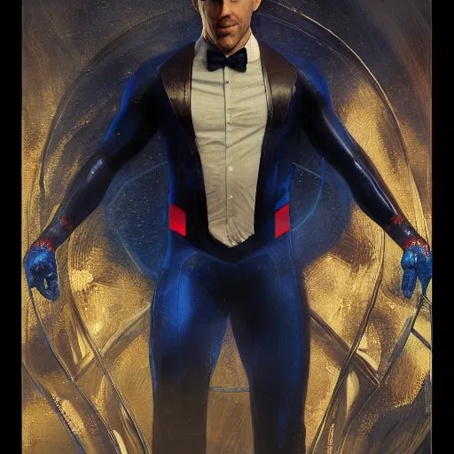 Image similar to ryan reynolds as a black and blue suit spider - man, cinematic, volumetric lighting, f 8 aperture, cinematic eastman 5 3 8 4 film, photorealistic by greg rutkowski, by stanley artgerm, by alphonse mucha