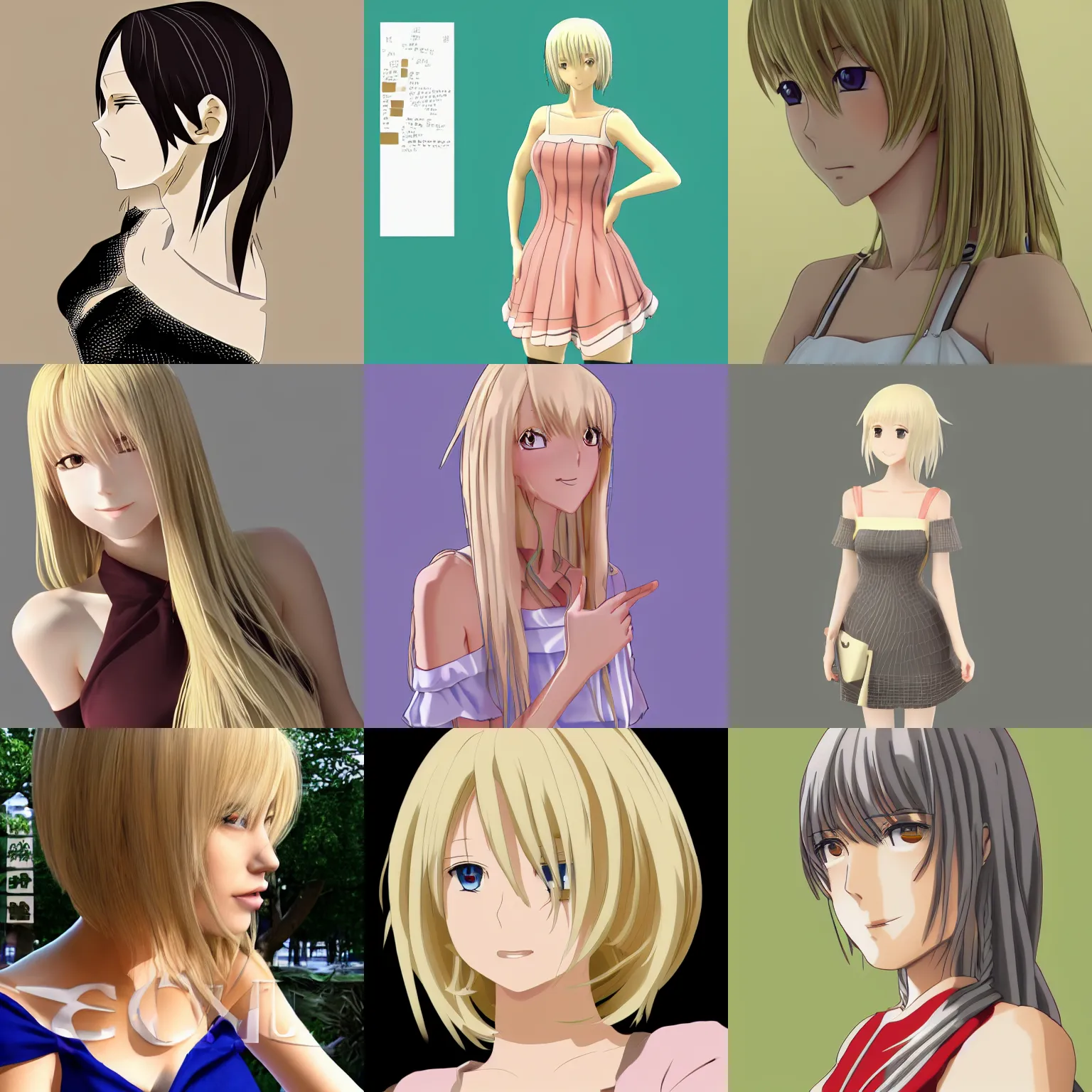 Prompt: high quality anime-style 3d image of a woman in her 20s wearing a summer dress, light blonde shoulder-length hair, the color palette is dark yet still rich