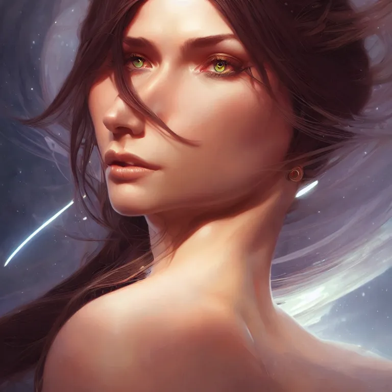 Image similar to futuristic woman portrait, sci-fi, amber eyes, face, long hair, fantasy, intricate, elegant, highly detailed, digital painting, artstation, concept art, smooth, sharp focus, illustration, art by artgerm and greg rutkowski and alphonse mucha