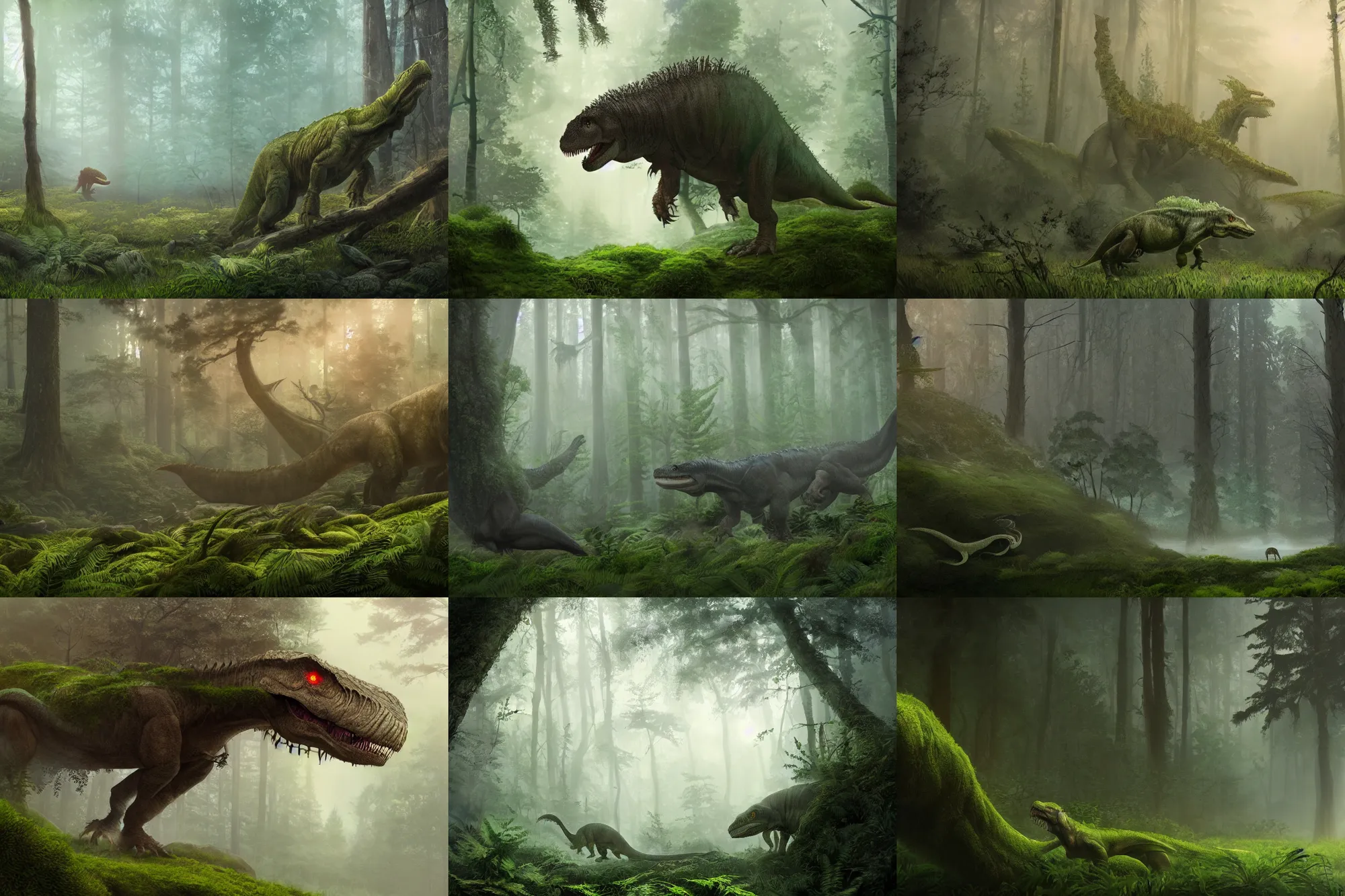 Prompt: an illustration of tyrannosaurus rex stalking an ancient misty forest at dawn, ferns, moss, artstation, epic,