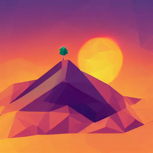 Image similar to vector, low poly, brown cross icon, on the top of a hill, sunset background, cgsociety, volumetric lighting, artstationhq