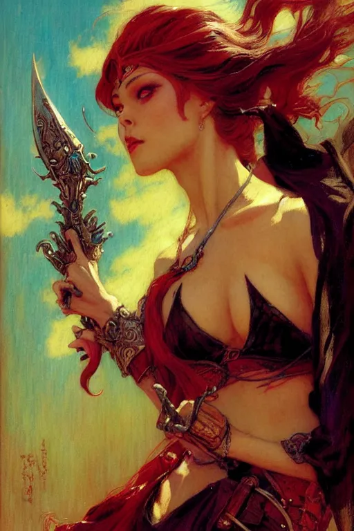 Prompt: attractive female assassins of the dark, mystic monster, character design, tales of earthsea, sky witch, colorful, painting's by gaston bussiere, craig mullins, j. c. leyendecker, tom of finland