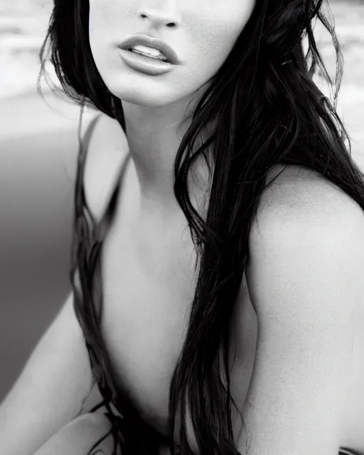 Image similar to Beautiful Head and shoulders portrait of confident flirty megan fox with straight long black hair, wearing a bikini by Zoë Mozert , Stephen Wayda , alberto Vargas, arney freytag, artstation, 35mm, fashion photoshoot, posing on the beach, golden hour, bokeh, rim lighting, fashion pose, octane, 4k