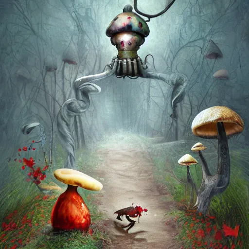 Image similar to Hell and heaven, captured in bottles, an elderly mushroom walking their pet snail, The Autumn Plague Gardener, the theme of Alice in Wonderland, digital painting, its softness partakes of fluidity, illustration, deep dark, artstation, intricate, biodiversity in a world of change and constancy, ue5, by deiv calviz and bossmonsterbani