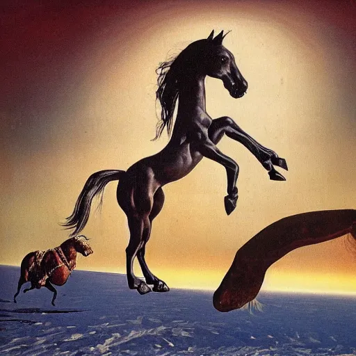 Prompt: a horse on the top, an astronaut on the ground, by dali