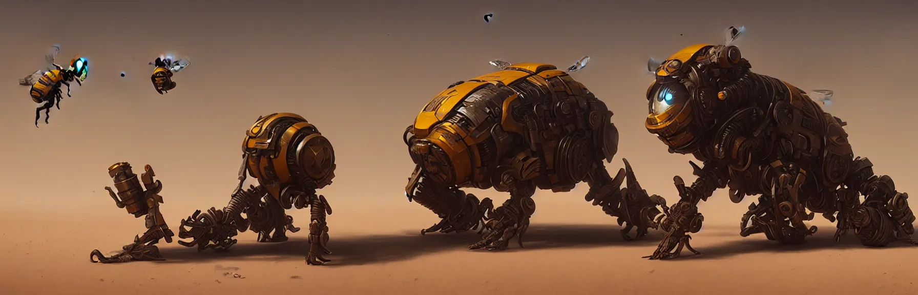 Image similar to desert feather mechanical bumble bee, unreal engine, Greg Rutkowski, James Gurney, artstation