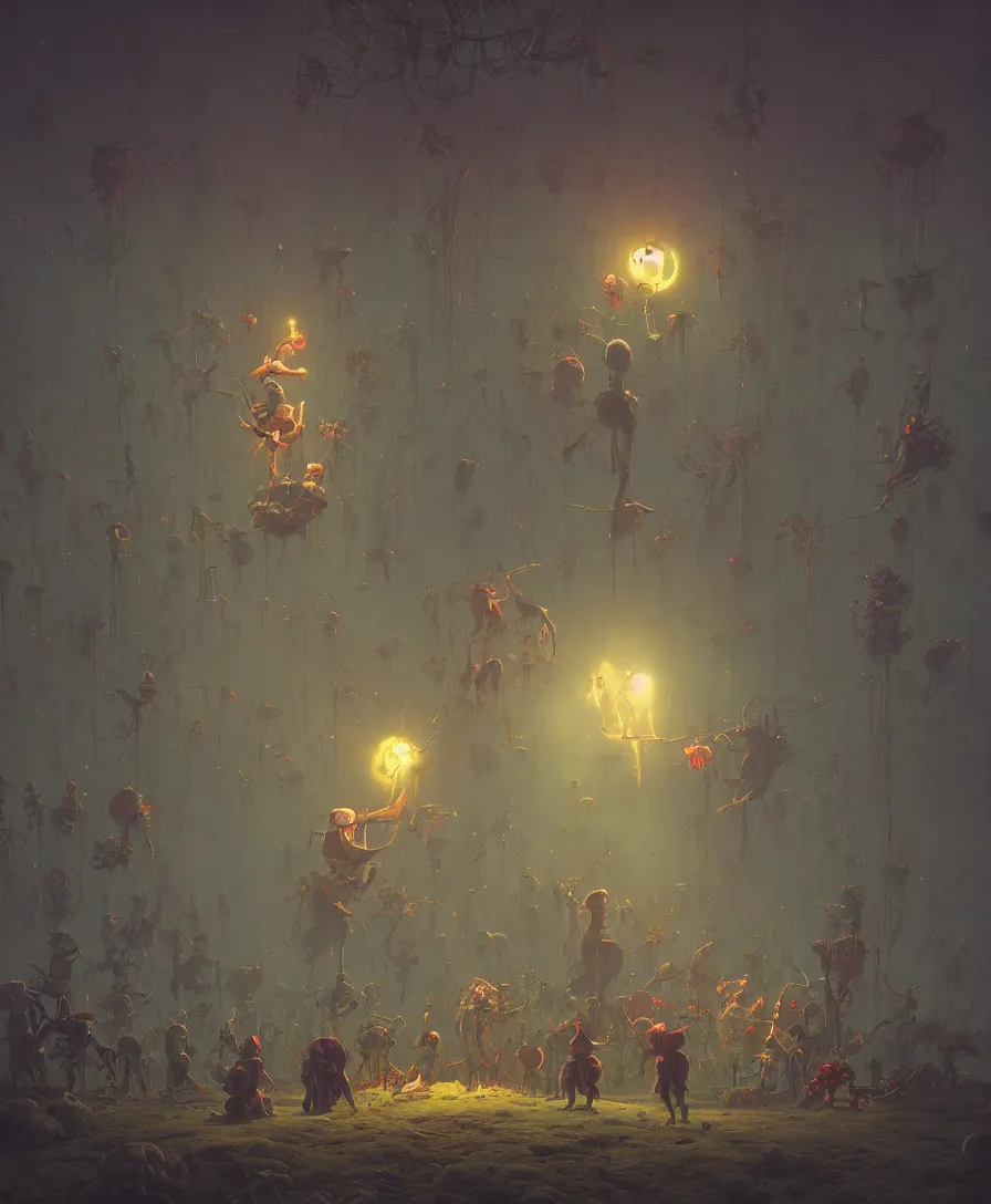 Image similar to skull clown afterlife, illustrated by Simon Stålenhag and Gaston Bussiere, 35mm lens, wide angle, beautiful volumetric lighting style atmosphere, intricate, ultra detailed, photorealistic, trending on artstation 8k