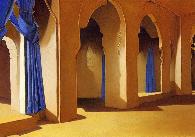 Image similar to a detailed oil painting of a arabian french large ball room, pillar, ominous,, curtains, by nicholas roerich, by gustave moreau, by frank frazetta, by hans emmenegger, by bruce pennington, by eyvind earle, moisture, grainy, highly detailed, realistic, outline, line,