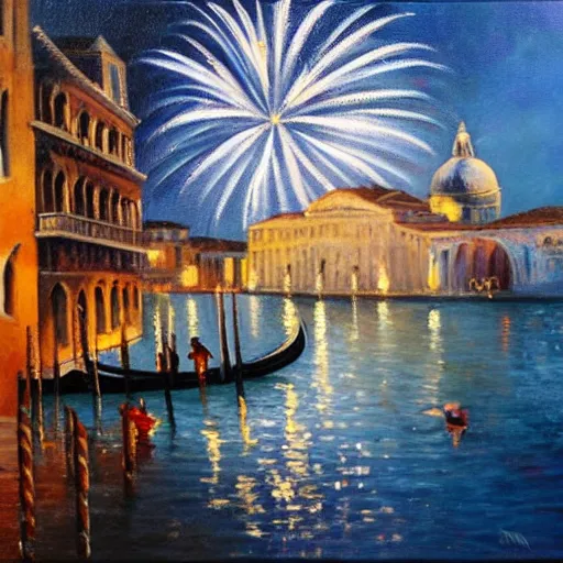 Image similar to an oil painting of couple kissing, in a background fireworks in venice