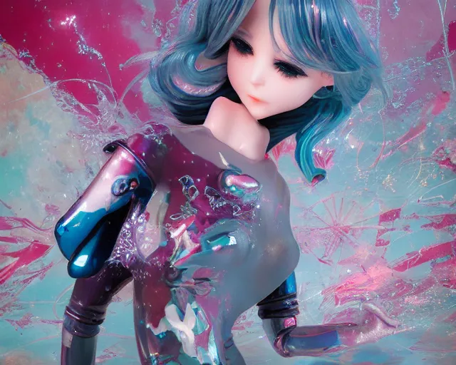 Image similar to James Jean isolated romantic fighting girl vinyl figure, figure photography, dynamic pose, holographic undertones, glitter accents on figure, anime stylized, accurate fictional proportions, high delicate details, ethereal lighting - H 640