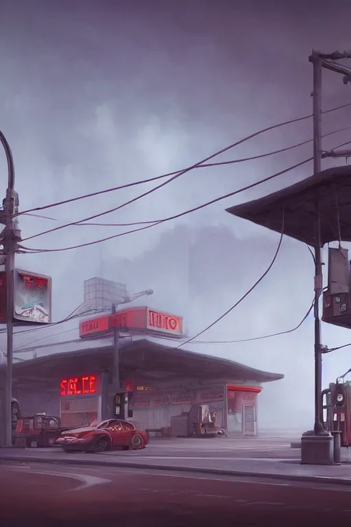 Image similar to a highly detailed matte painting of a single gas station with a sign in the fog by studio ghibli, makoto shinkai, by artgerm, by wlop, by greg rutkowski, volumetric lighting, octane render, 4 k resolution, trending on artstation, masterpiece