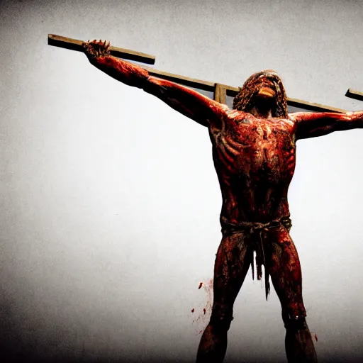 Prompt: a highly detailed realistic photographic render crucified bloody humanoid pig, bloody christ with the head of a pig, dead souls, religious sculpture, creepy, cinematic lighting, cinematic scene, Volumetric lighting, Atmospheric scene, Dark, Horror, Atmospheric lighting, Global illumination, realistic, photo realism, hyper realistic, hyper realism, photo realisitc, cinematic render, film, beautifully lit, ray traced, octane 3D render, octane render, unreal engine