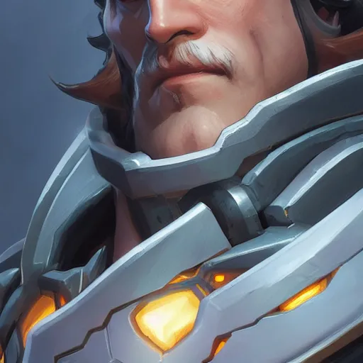 Prompt: Closeup of Reinhardt from Overwatch, D&D, fantasy, intricate, elegant, highly detailed, digital painting, artstation, concept art, matte, sharp focus, illustration, hearthstone, art by Artgerm and Greg Rutkowski and Alphonse Mucha