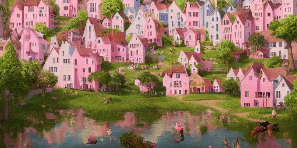 Prompt: a hiper intricate 3 d artwork of a beatifull serene village with cute pink houses, intricate, highly detailed, digital painting, artstation, concept art, extremely detailed, sharp focus, octane render wide view, smooth, digital illustration, colorfull, by wlop, by hieronimus bosch,