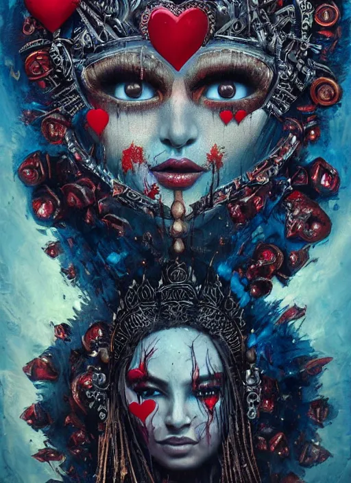 Image similar to queen of hearts, aztec god, highly detailed, cinematic, 8 k, by megan duncanson, benjamin lacombe, adrian borda, stanley artgermm, tom bagshaw, craig mullins, carne griffiths, ayami kojima, beksinski, giger, trending on deviantart, hyper detailed, horror, full of colour