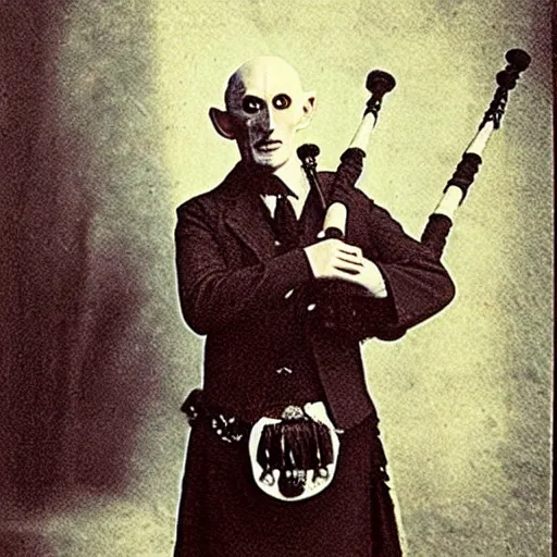 Image similar to beautiful count orlok in a kilt playing bagpipes